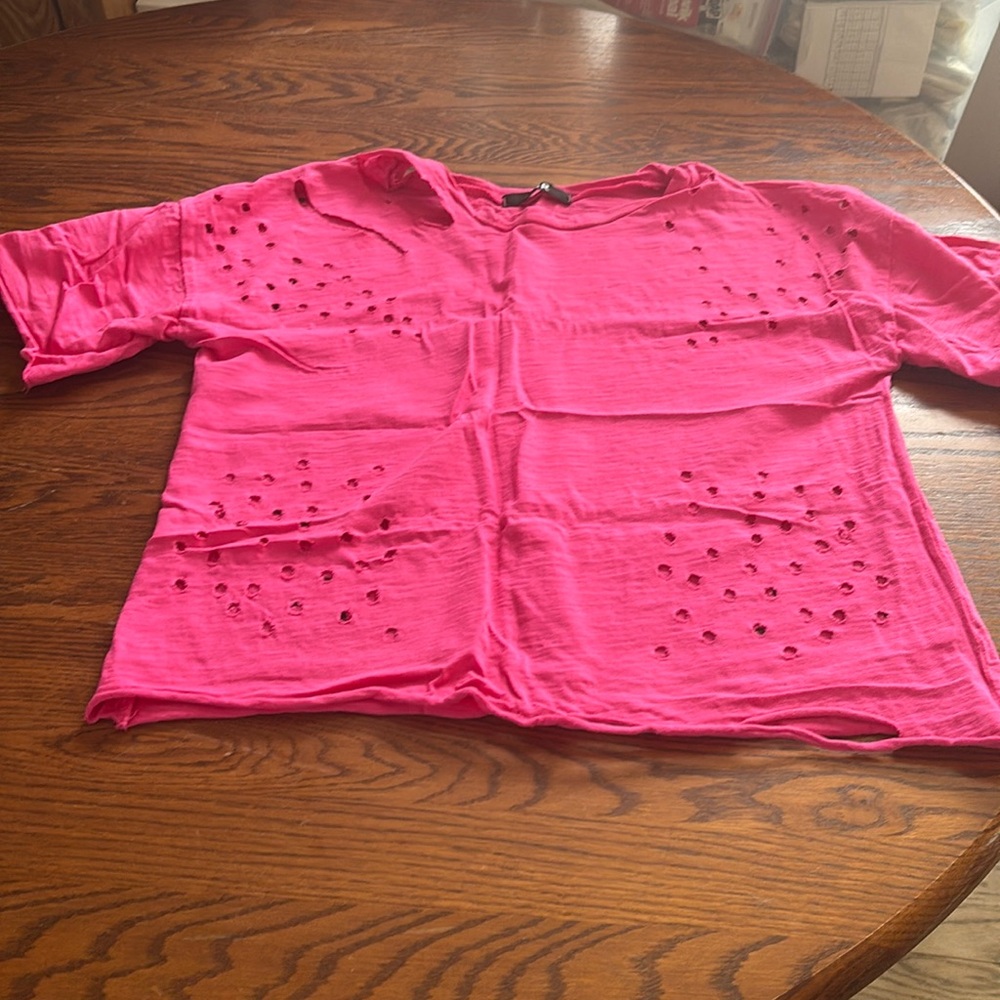 CBR fuchsia heavily distressed tee.